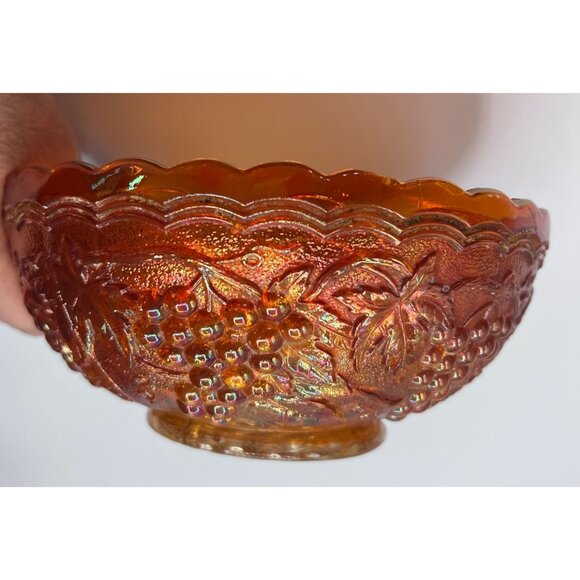 Antique Fenton Marigold Iridescent Carnival Glass Bowl With Grape & Leaf Design - Picture 5 of 12